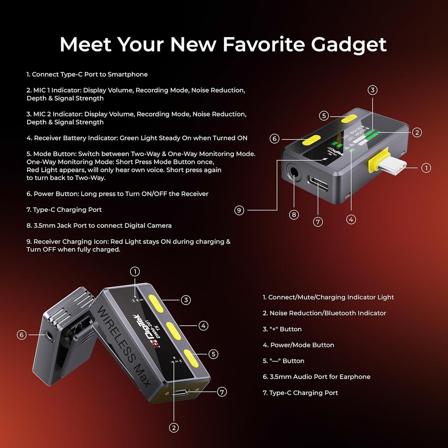 Digitekยฎ DWM 101 Wireless Microphone Noise Reduction, for DSLR Camera, Android & iOS Smartphones